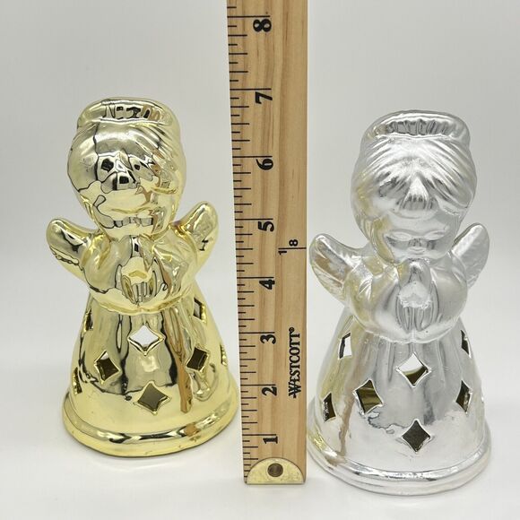 Vintage Praying Angel Candle Holder 6.5” Figurines Set of 2 Gold & Silver Tone - Picture 2 of 16